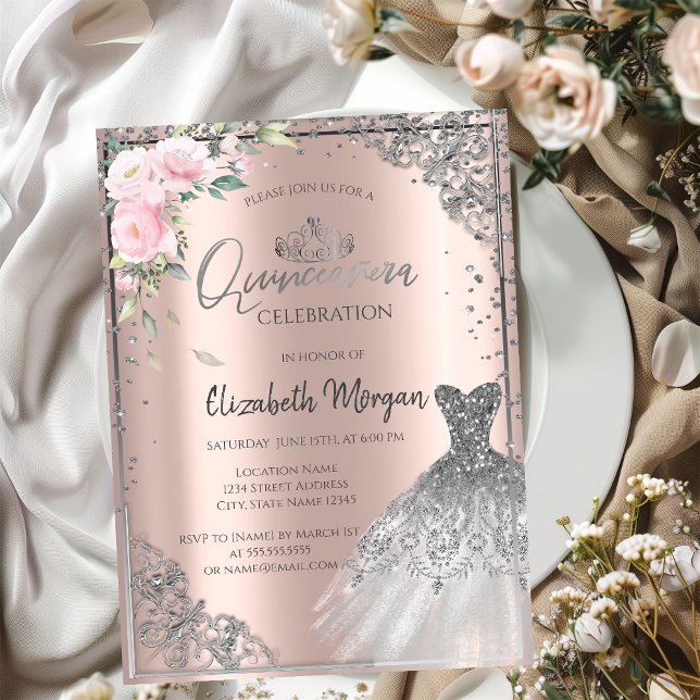Silver DressTiara,Flowers Rose Gold Quinceañera  Invitation (Creator Uploaded)