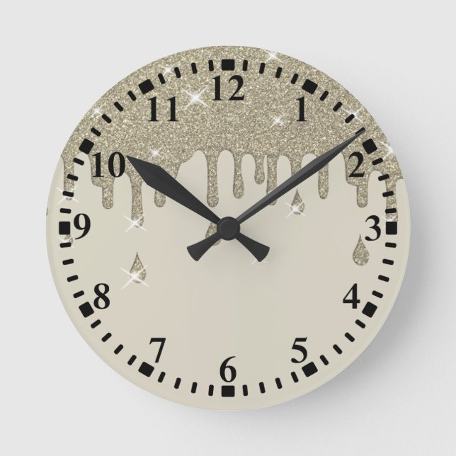 Silver Drip Glitter Effect & Sparkles Round Clock (Front)