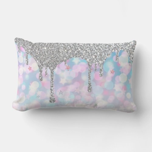 Silver Drip Glitter _  Pastel Blue Pink Stars  Lumbar Pillow