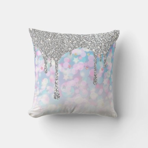  Silver Drip Glitter Pastel Blue Pink Stars Throw Pillow