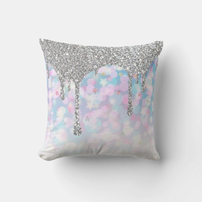 *~* Silver Drip Glitter Pastel Blue Pink Stars Throw Pillow (Front)