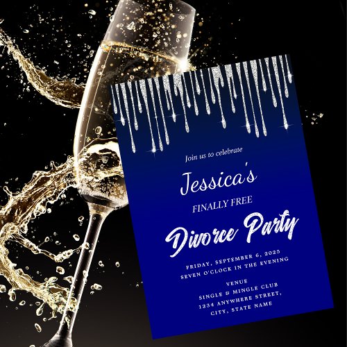 Silver Dripping Finally Free Divorce Party Blue Invitation