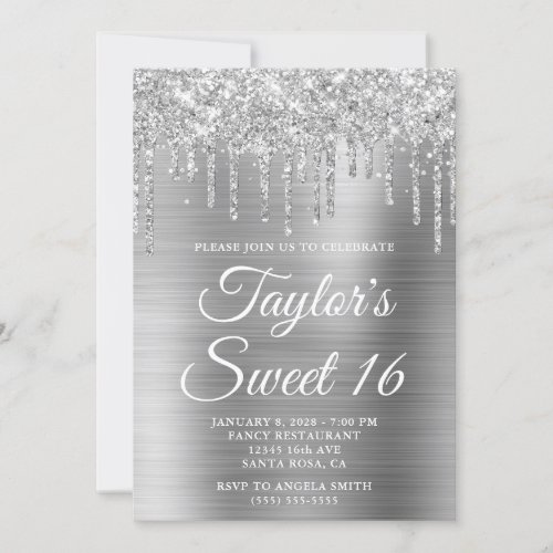Silver Dripping Glitter and Foil Sweet 16 Invitation