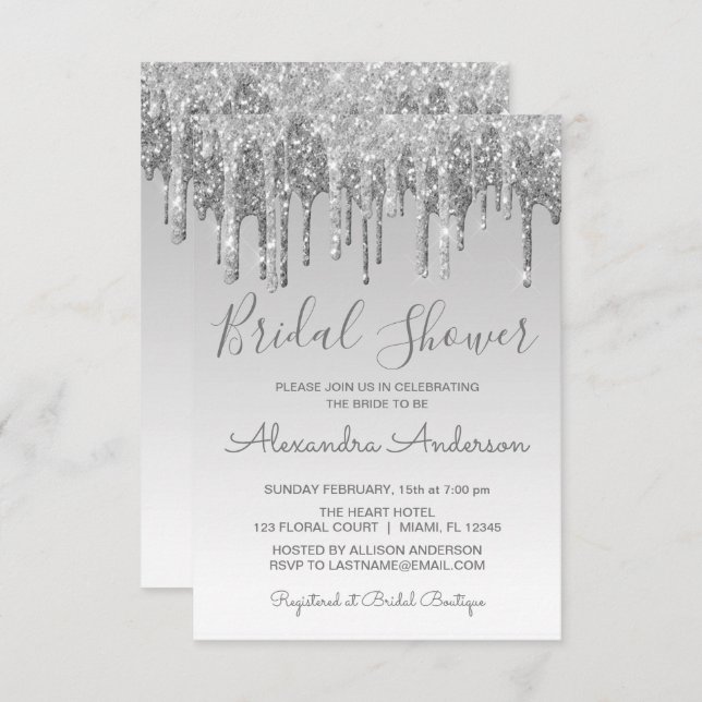 Silver Dripping Glitter Bridal Shower Invitation (Front/Back)