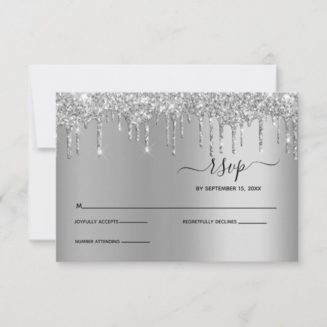 Silver Dripping Glitter Drips Elegant Wedding RSVP (Front)
