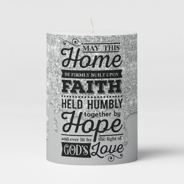 Silver Dripping Glitter | Faith Hope Love  Pillar Candle (Front)