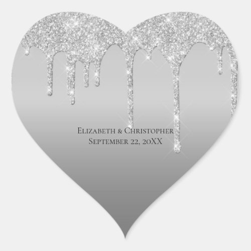 Silver Dripping Glitter Glam Elegant Wedding Heart Sticker