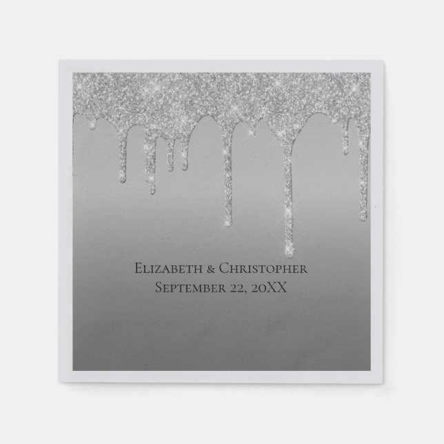 Silver Dripping Glitter Glam Elegant Wedding Napkins (Front)