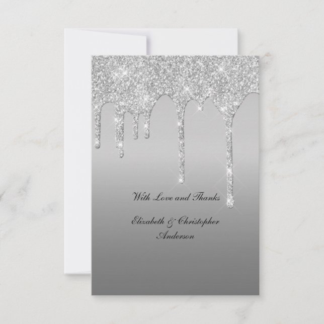 Silver Dripping Glitter Glam Elegant Wedding Thank You Card (Front)