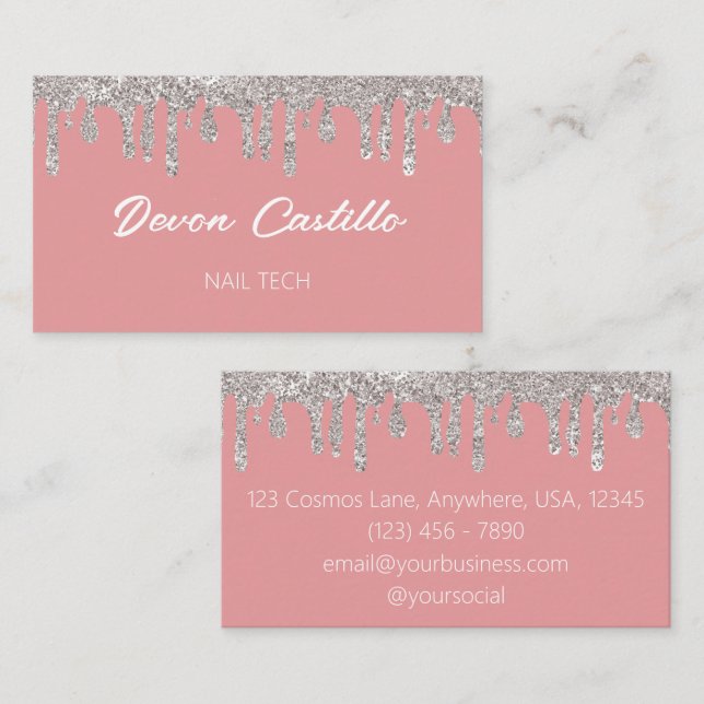 Silver Dripping Glitter Pink Glam Nail Tech Business Card (Front/Back)