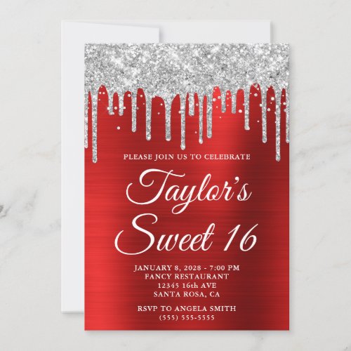 Silver Dripping Glitter Red Foil Sweet 16 Invitation