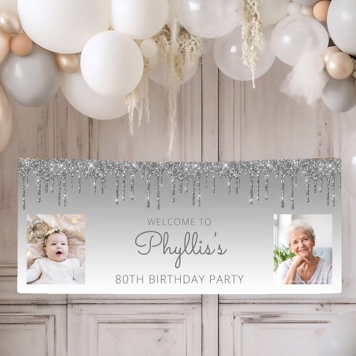 Silver Dripping Glitter Two Photo 80th Birthday Banner