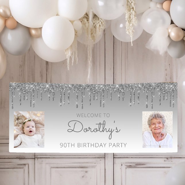 Silver Dripping Glitter Two Photo 90th Birthday Banner (Creator Uploaded)