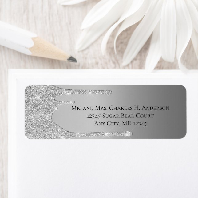 Silver Dripping Glitter Wedding Return address Label (Insitu)