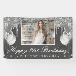 Silver Dripping Glitter with Balloons Birthday Banner