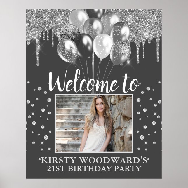 Silver Dripping Glitter with Balloons Birthday Poster (Front)