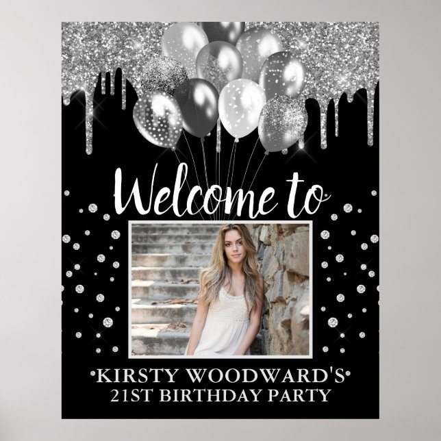 Silver Dripping Glitter with Balloons Birthday Poster (Front)