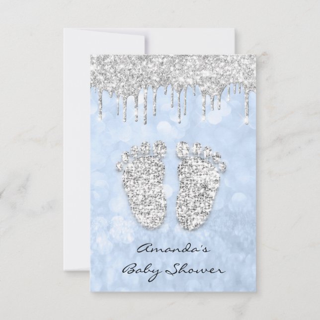 Silver Drips Blue Baby Boy Shower Feet Invitation (Back)