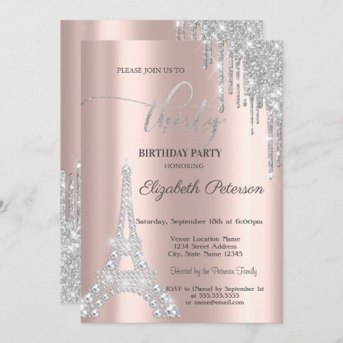 Silver DripsDiamonds Eiffel Tower 30th Birthday  Invitation