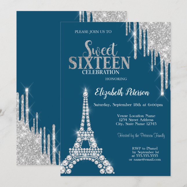 Silver Drips,Diamonds Eiffel Tower  Sweet 16  Invitation (Front/Back)