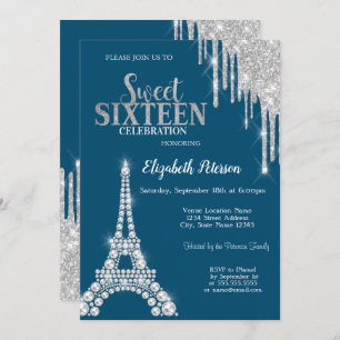Silver Drips,Diamonds Eiffel Tower Sweet 16 Invitation