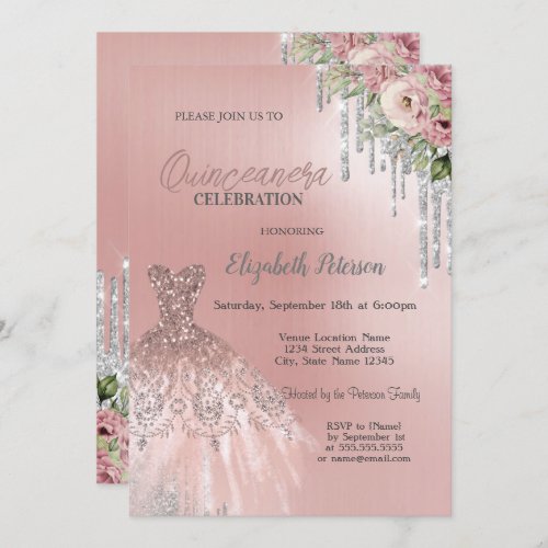 Silver DripsDress Flowers Pink Quinceanera  Invitation