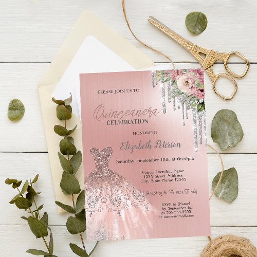 Silver DripsDress Flowers Pink Quinceanera  Invitation