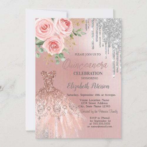 Silver DripsDressPink Roses Quinceanera   Invitation