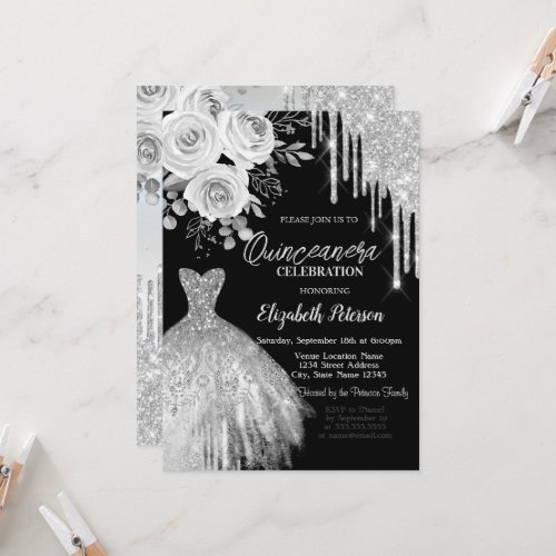 Silver DripsDress Roses Black Quinceanera   Invitation