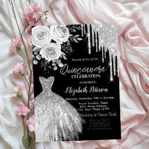 Silver Drips,Dress Roses Black Quinceanera Invitation