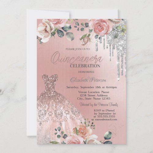 Silver DripsDressRoses Pink Quinceanera  Invitation