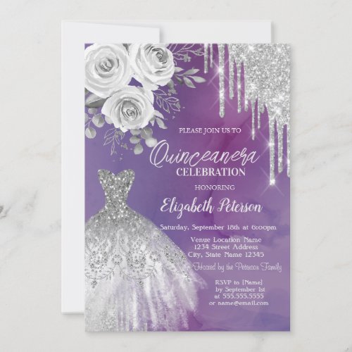 Silver DripsDress Roses Purple Quinceanera   Invitation