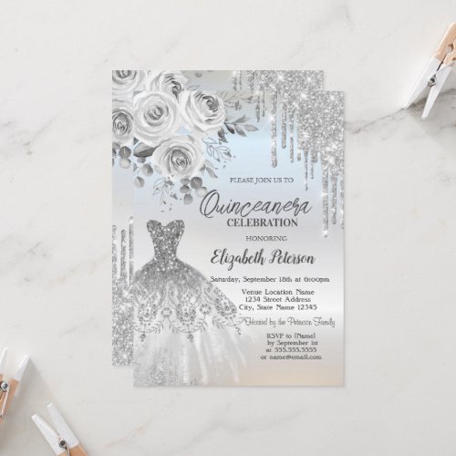 Silver DripsDress Roses Silver  Quinceanera   Invitation