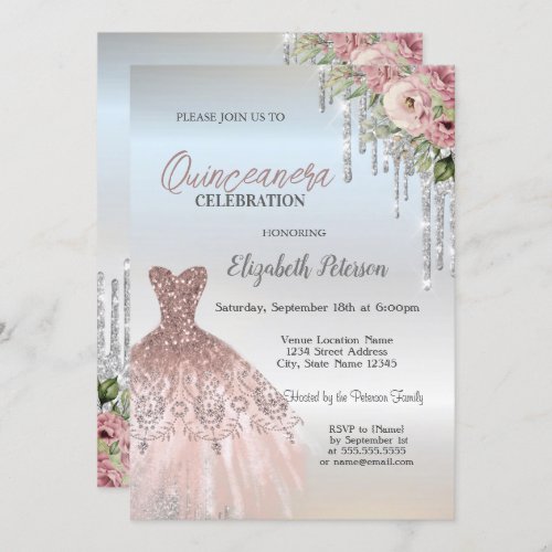 Silver DripsDress Roses Silver Quinceanera  Invitation