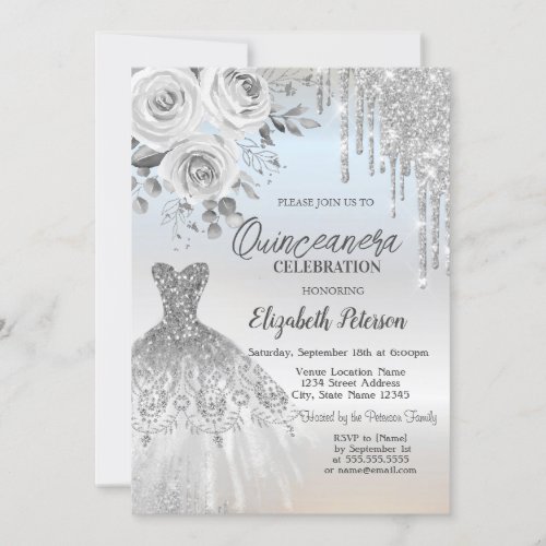 Silver DripsDress Roses Silver Quinceanera   Invitation