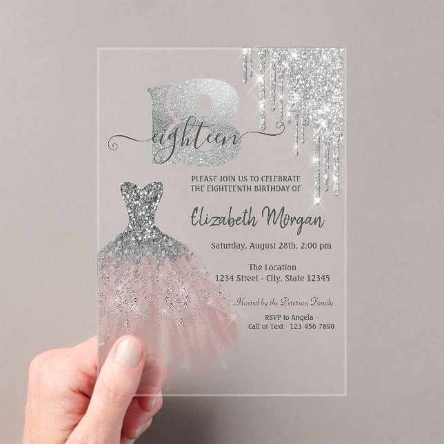 Silver Drips Glitter Chic Dress 18th Birthday Acrylic Invitations (Insitu (Handheld))