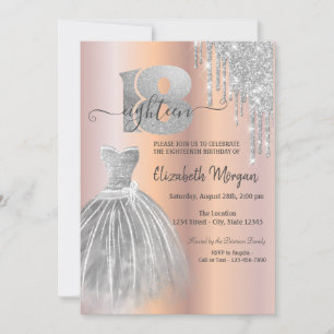 Silver Drips Glitter Dress Rose Gold 18th Birthday Invitation
