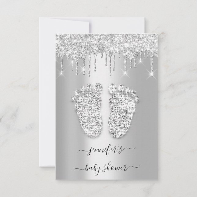 Silver Drips Gray Grey Baby Girl Shower Feet Invitation (Back)