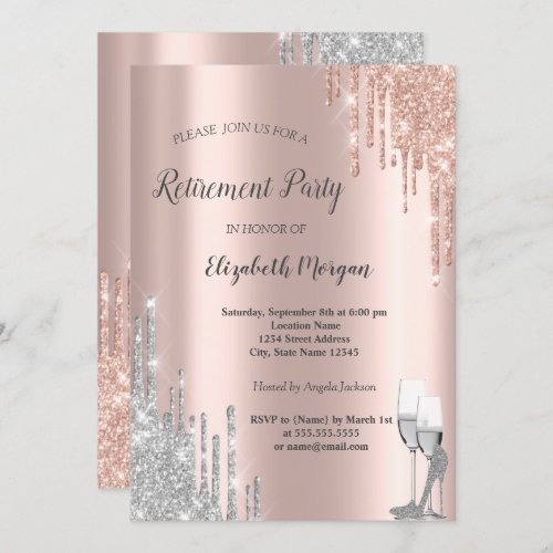 Silver DripsHigh Heels Rose Gold Retirement Party Invitation