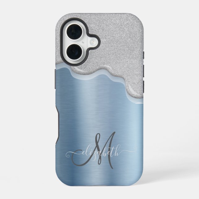 Silver Drips Monogram Blue Metallic iPhone Case (Back)
