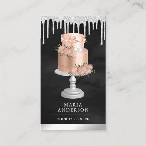 Silver Drips Pink Floral Cake Pastry Chef Bakery Business Card