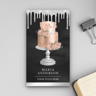 Silver Drips Pink Floral Cake Pastry Chef Bakery Business Card