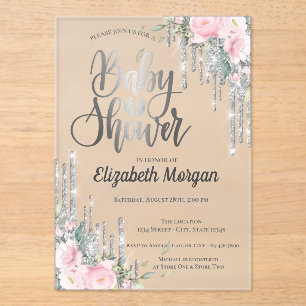 Silver Drips Rose Gold Floral Baby Shower Acrylic Invitations