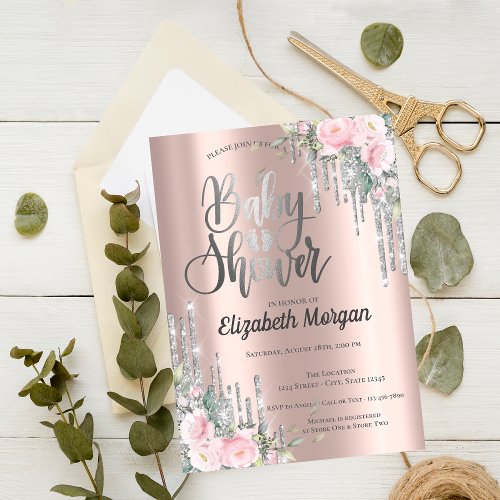 Silver Drips Rose Gold Floral Baby Shower Invitation