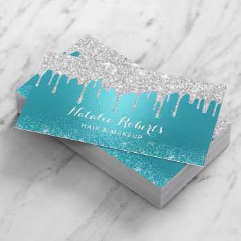 Silver Drips Teal Makeup Artist Hair Stylist Business Card by cardfactory at Zazzle