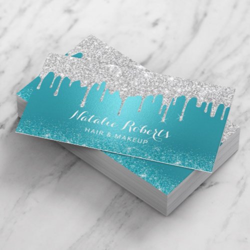 Silver Drips Teal Makeup Artist Hair Stylist Business Card