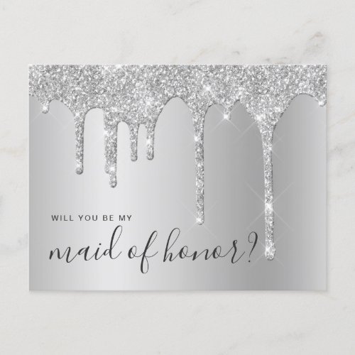 Silver drips will you be my maid of honor invitation postcard