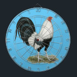 Silver Duckwing Gamecock Dartboard With Darts<br><div class="desc">Silver duckwing roosters are resplendent chickens in glossy black and white. Duckwing fowl are named for the blue-black wing bar, like a mallard's wing. Commissioned by Kenny Troiano for his book on game fowl colors.</div>