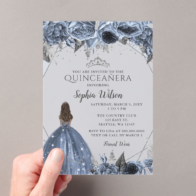 Silver Dusty Blue Floral Princess Quinceañera  Acrylic Invitations (Insitu (Handheld))