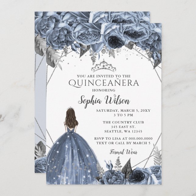 Silver Dusty Blue Floral Princess Quinceañera Invitation (Front/Back)
